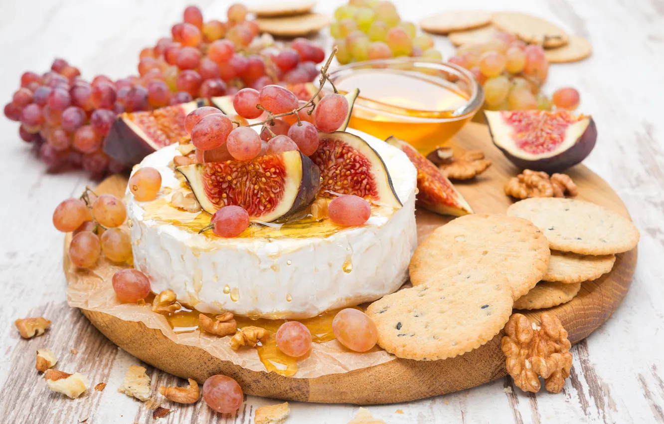 Photo wallpaper food, cheese, cookies, honey, grapes, Board, nuts, Camembert
