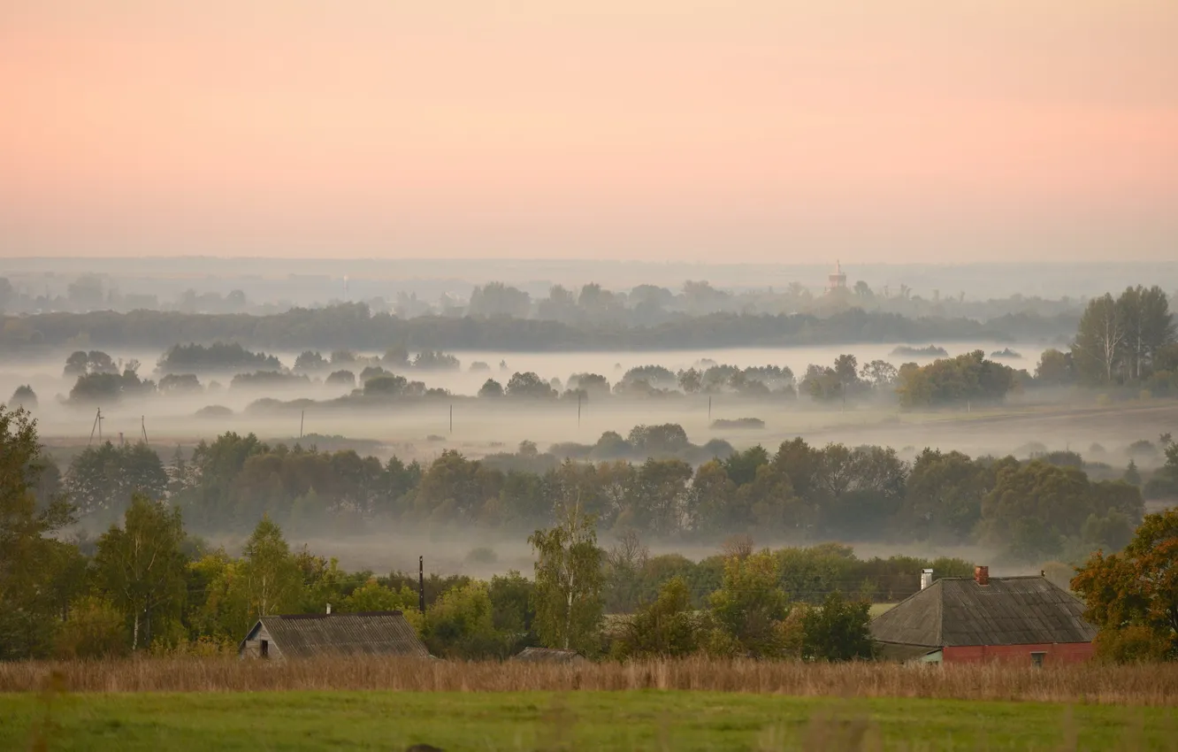 Photo wallpaper landscape, fog, morning