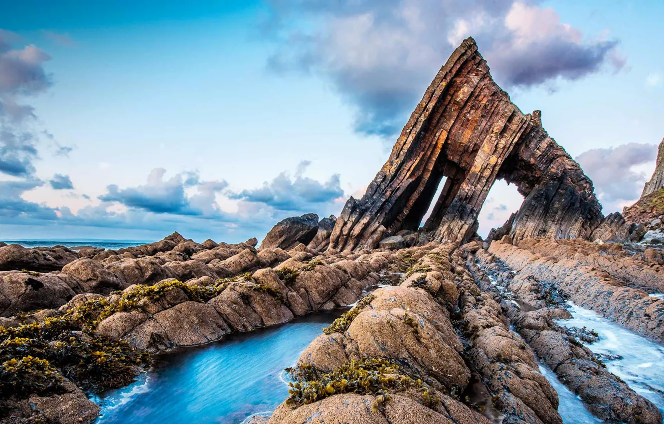 Photo wallpaper sea, clouds, rocks, England, Blackchurch Rock, North Devon