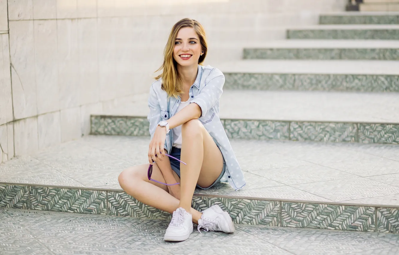 Photo wallpaper girl, sexy, shorts, model, pretty, Denim, sneakers