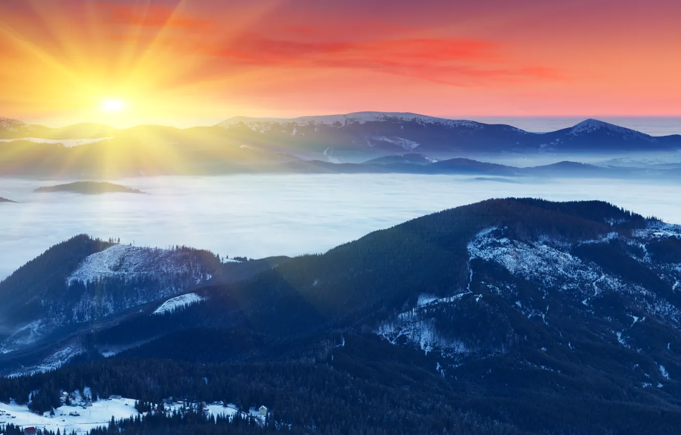 Photo wallpaper winter, the sun, snow, mountains, fog, dawn