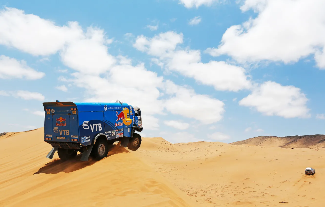 Photo wallpaper Sand, Clouds, Blue, Sport, Machine, Truck, Race, Kamaz