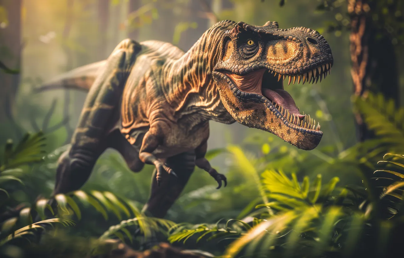 Photo wallpaper look, leaves, trees, animal, dinosaur, predator, grin, fern