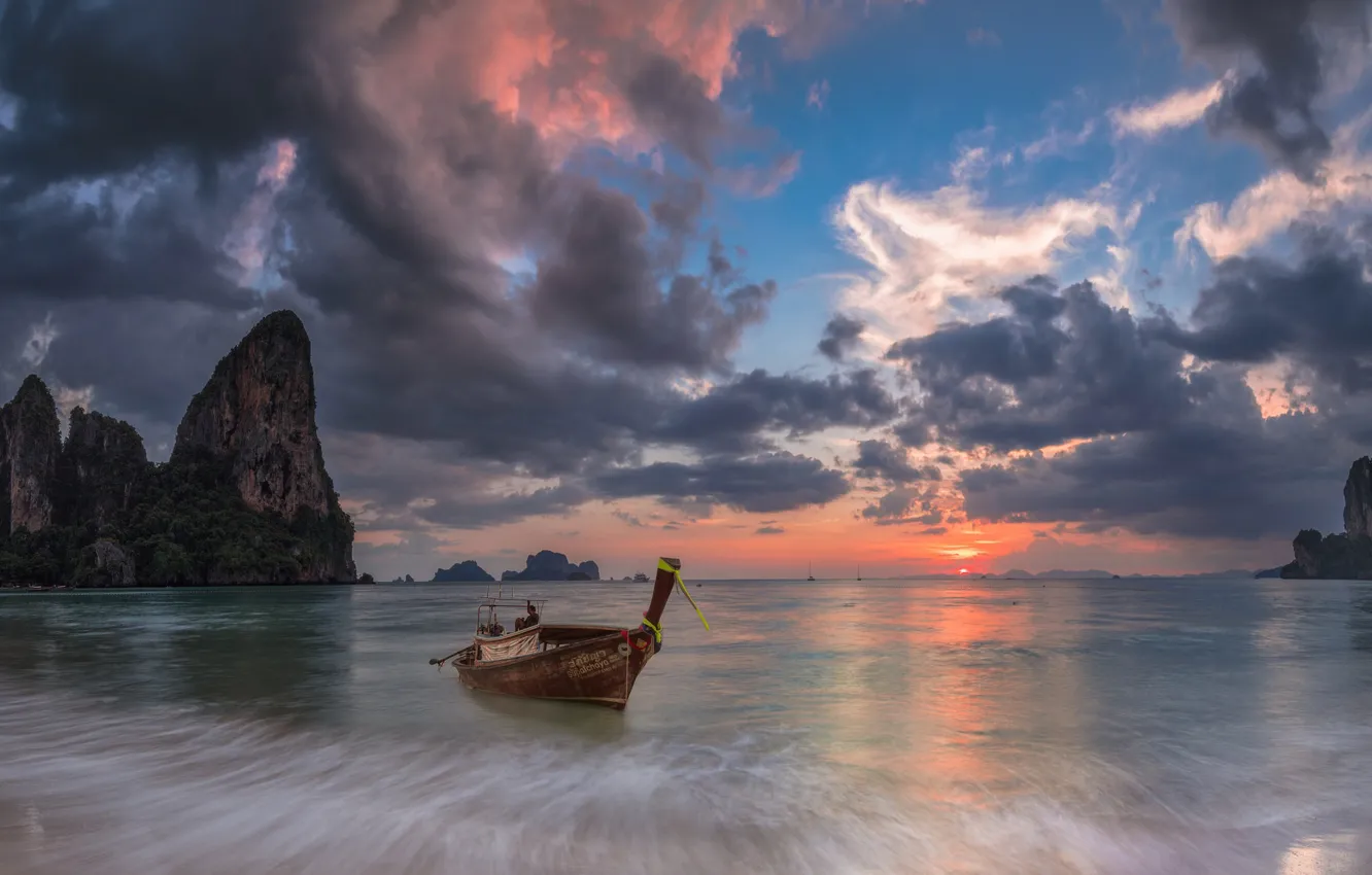 Photo wallpaper sea, clouds, rocks, boat, Thailand, glow, Krabi