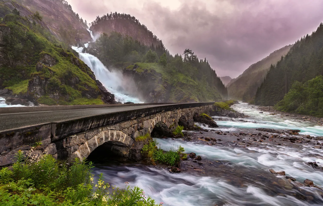 Photo wallpaper bridge, nature, river, waterfall, Norway, Give, Låtefossen