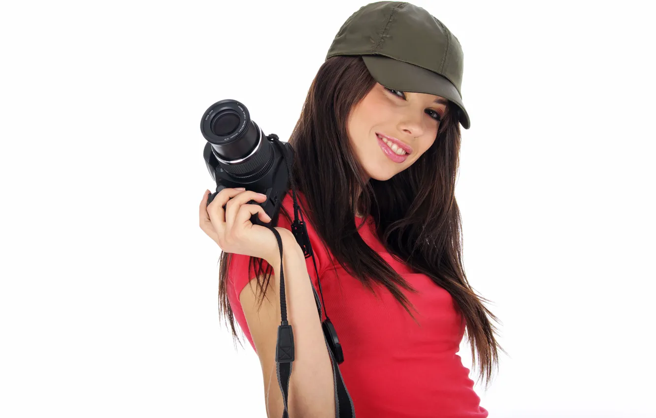 Photo wallpaper girl, smile, mood, the camera, cap, beautiful, look., paparazzi