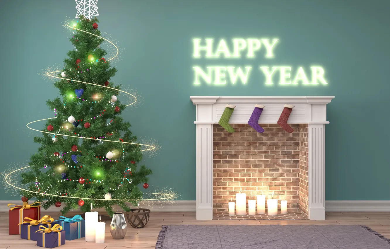 Photo wallpaper decoration, room, tree, candles, New Year, gifts, Fireplace, New Year
