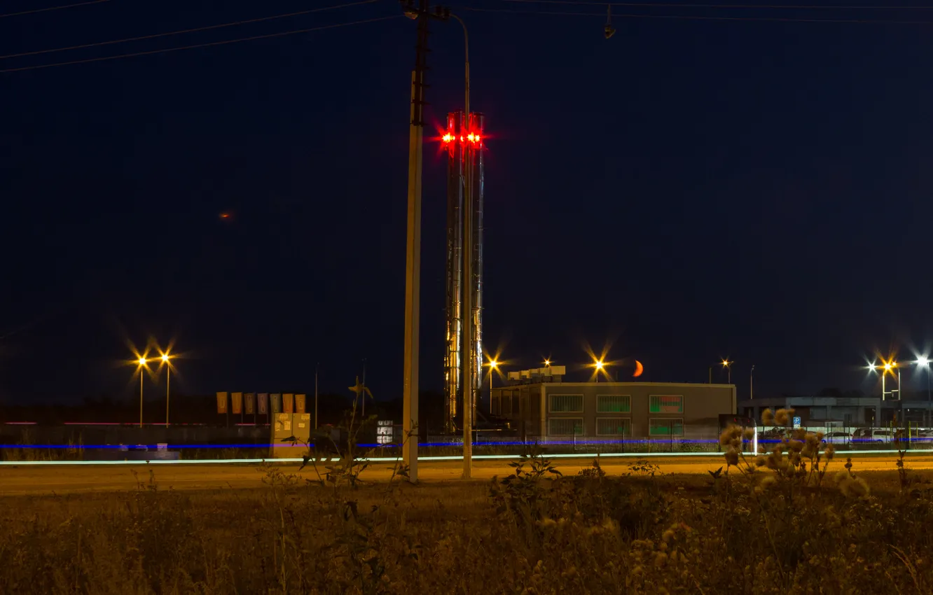 Photo wallpaper road, summer, the sky, grass, night, the moon, building, lighting
