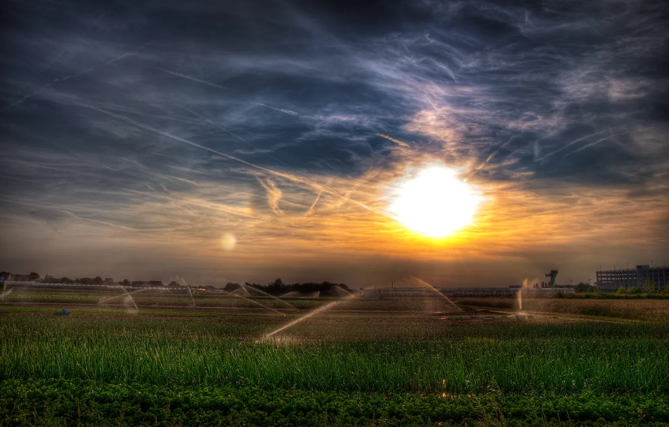 Photo wallpaper The SKY, The SUN, FIELD, CLOUDS, WATERING
