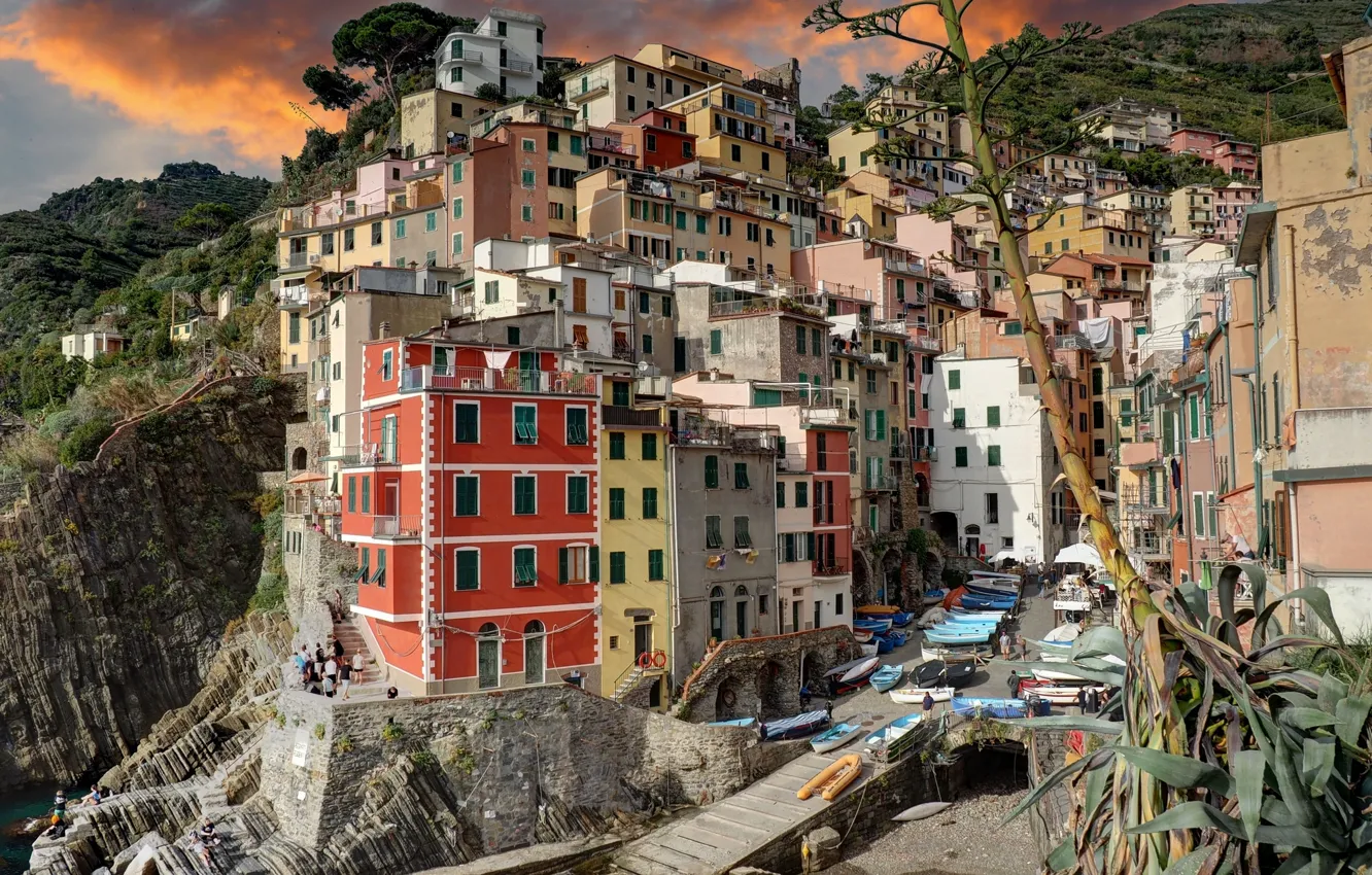 Photo wallpaper sea, landscape, paint, home, Bay, boats, Italy, Riomaggiore
