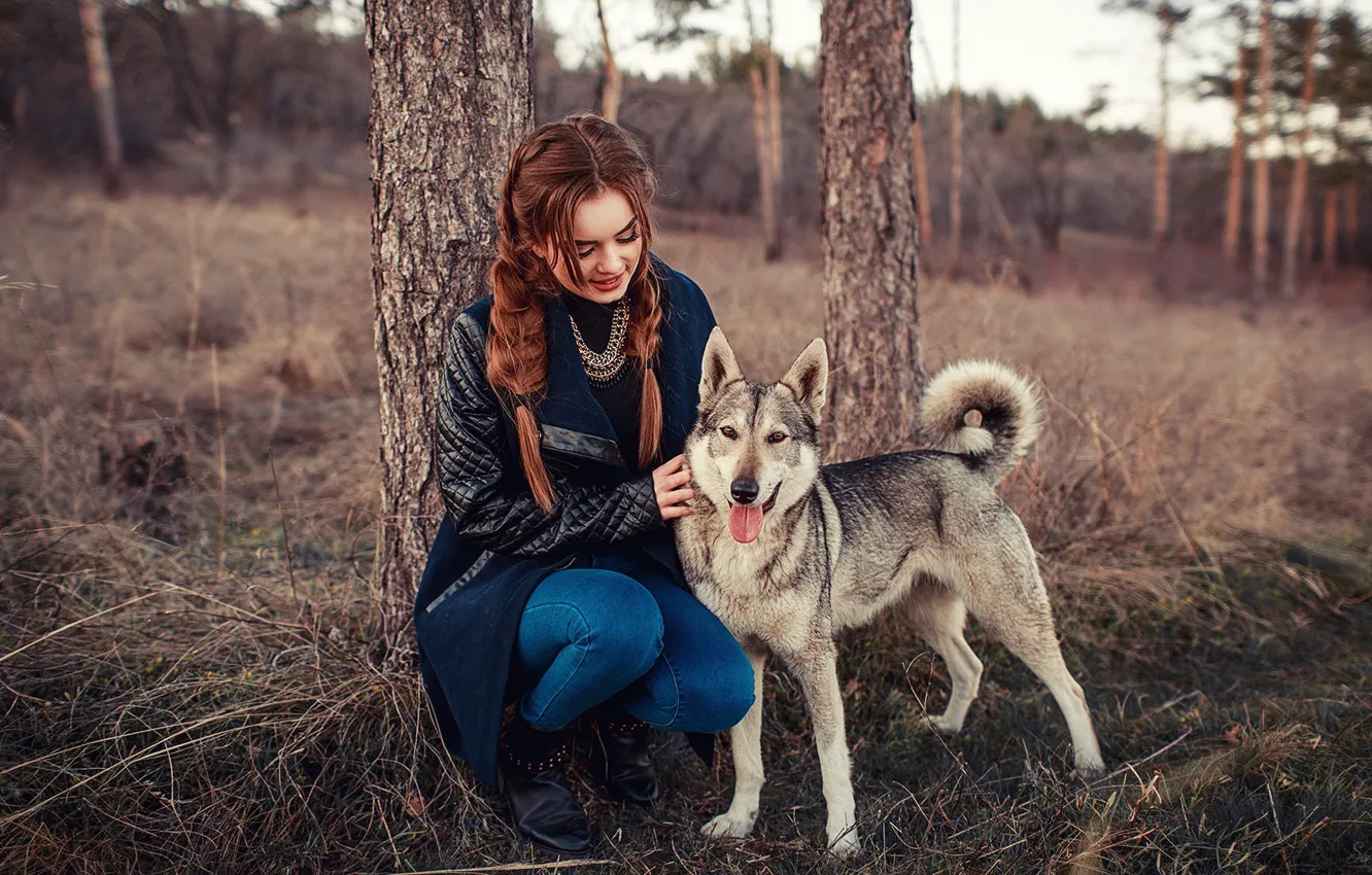 Photo wallpaper autumn, girl, trees, nature, dog, jacket, Anastasia, Sergey Shatskov
