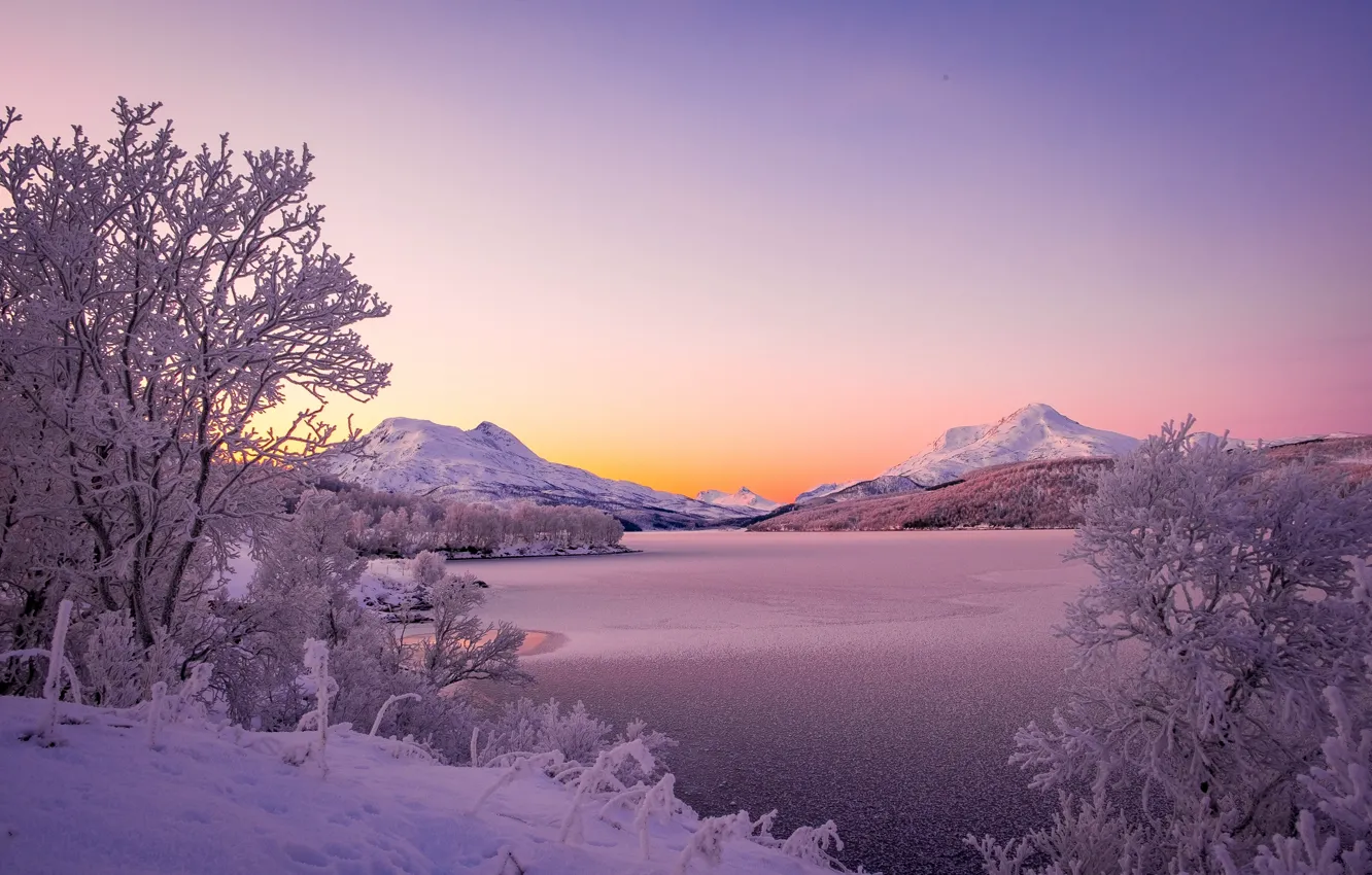 Photo wallpaper winter, trees, mountains, lake, Norway, Norway, The Scandinavian mountains, Scandinavian Mountains