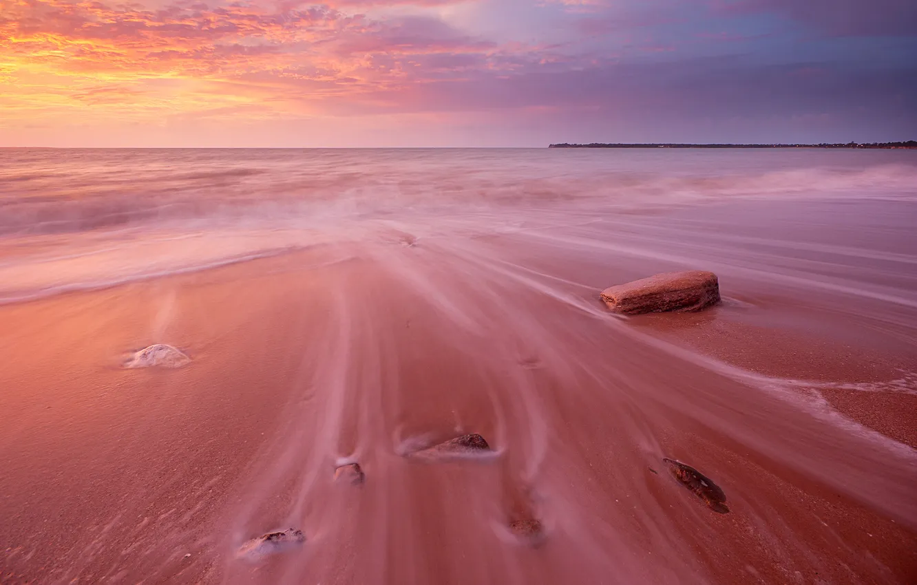 Photo wallpaper sand, wave, foam, sunset, rozwody, warm sea