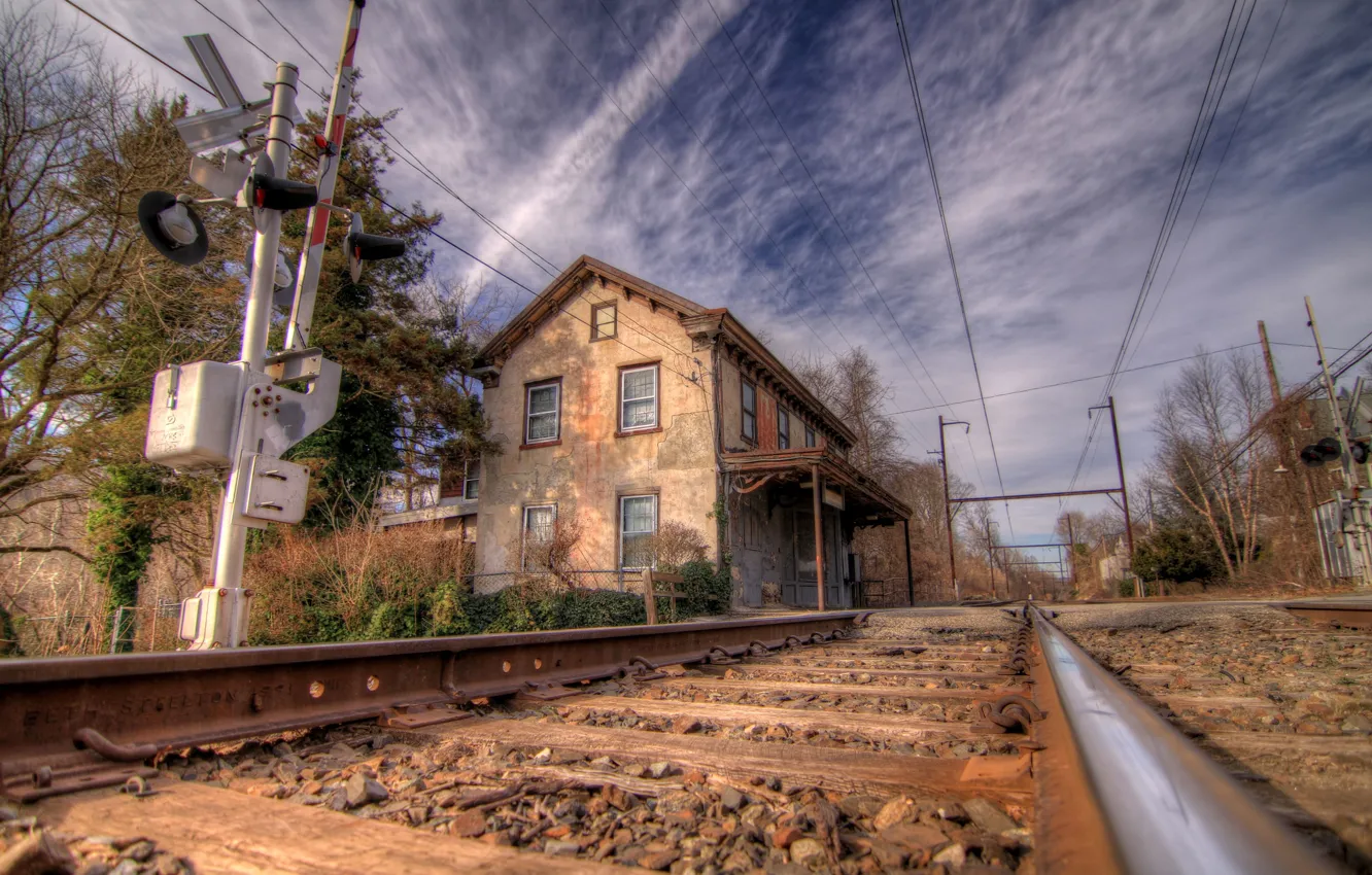 Photo wallpaper the sky, old, rails, HDR, home, railroad, house, sky