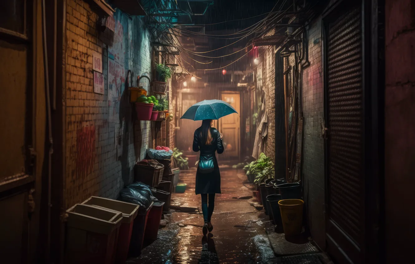 Photo wallpaper night, rain, woman, umbrella, lane, cloak, AI art, AI Art