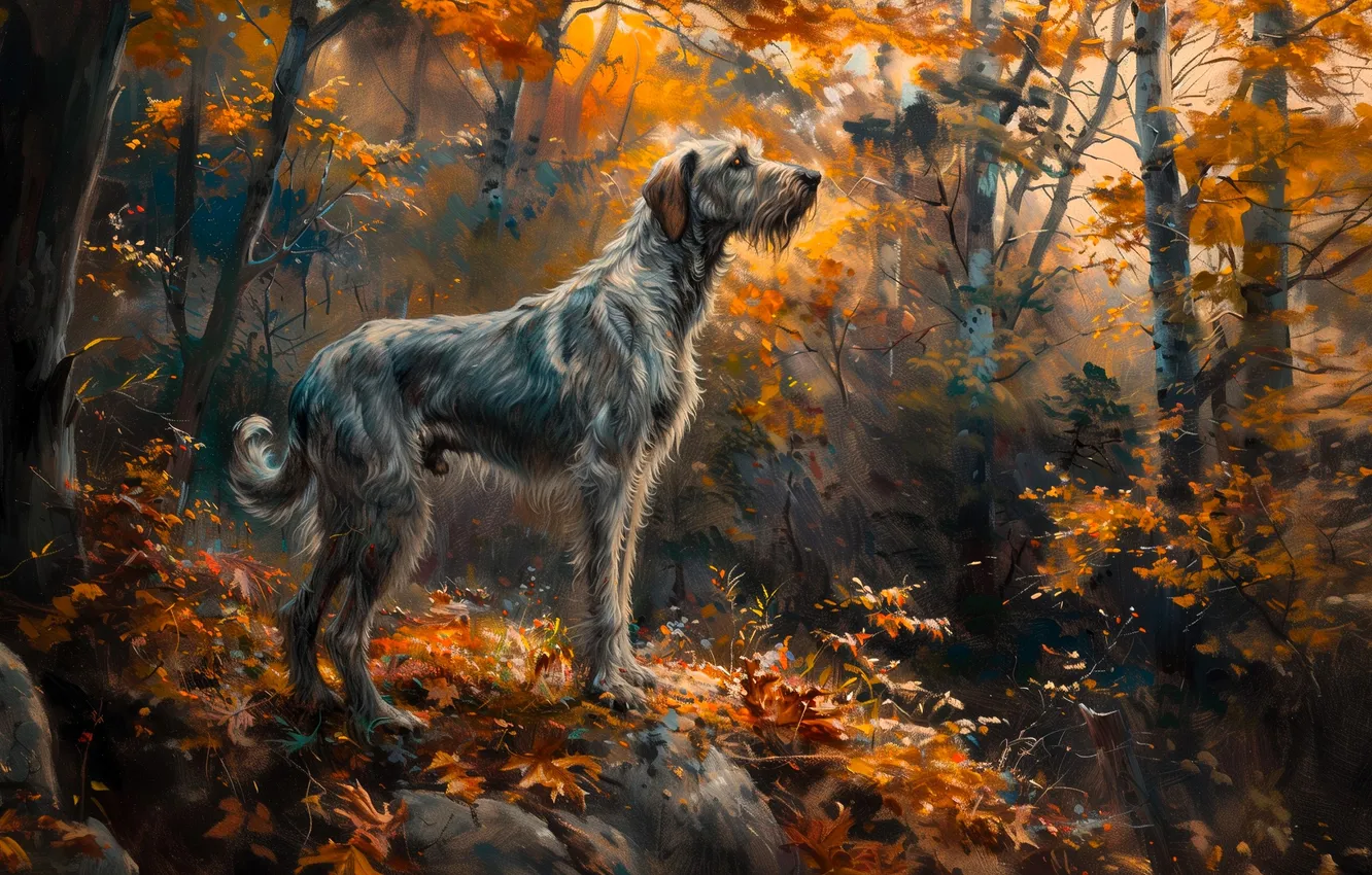 Photo wallpaper forest, trees, dog, digital art, The English setter, AI art, The Art of Artificial Intelligence, …