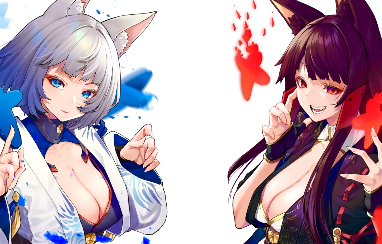 Photo wallpaper red, girls, boobs, blue, anime, pretty, babes, sisters