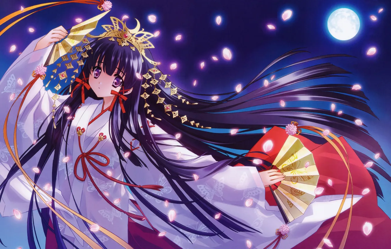 Photo wallpaper girl, night, the moon, anime, crown, petals, Sakura, fan