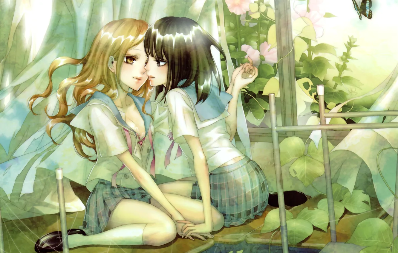 Photo wallpaper girl, nature, butterfly, web, window, art, schoolgirl, lace