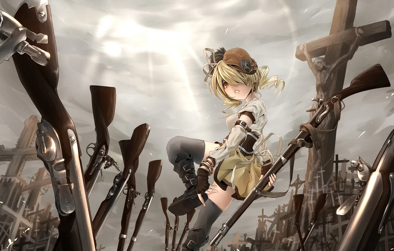Photo wallpaper girl, weapons, cross, the gun, mahou shoujo madoka magica