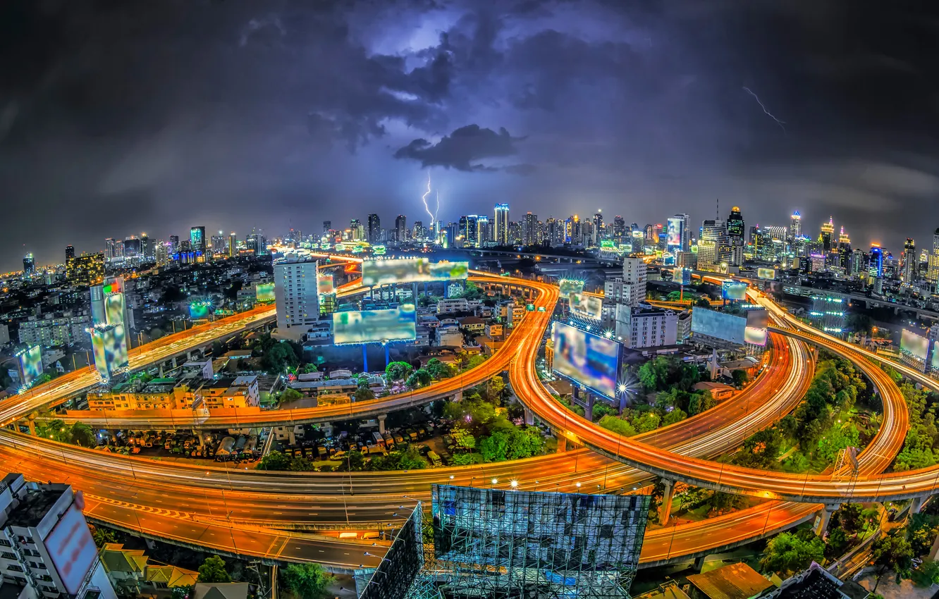 Photo wallpaper the storm, the sky, night, clouds, lights, street, lightning, home