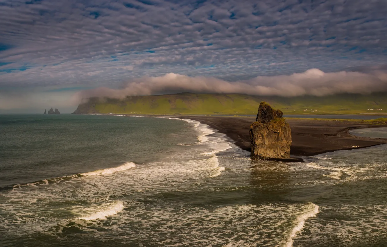 Photo wallpaper sea, wave, clouds, mountains, rock