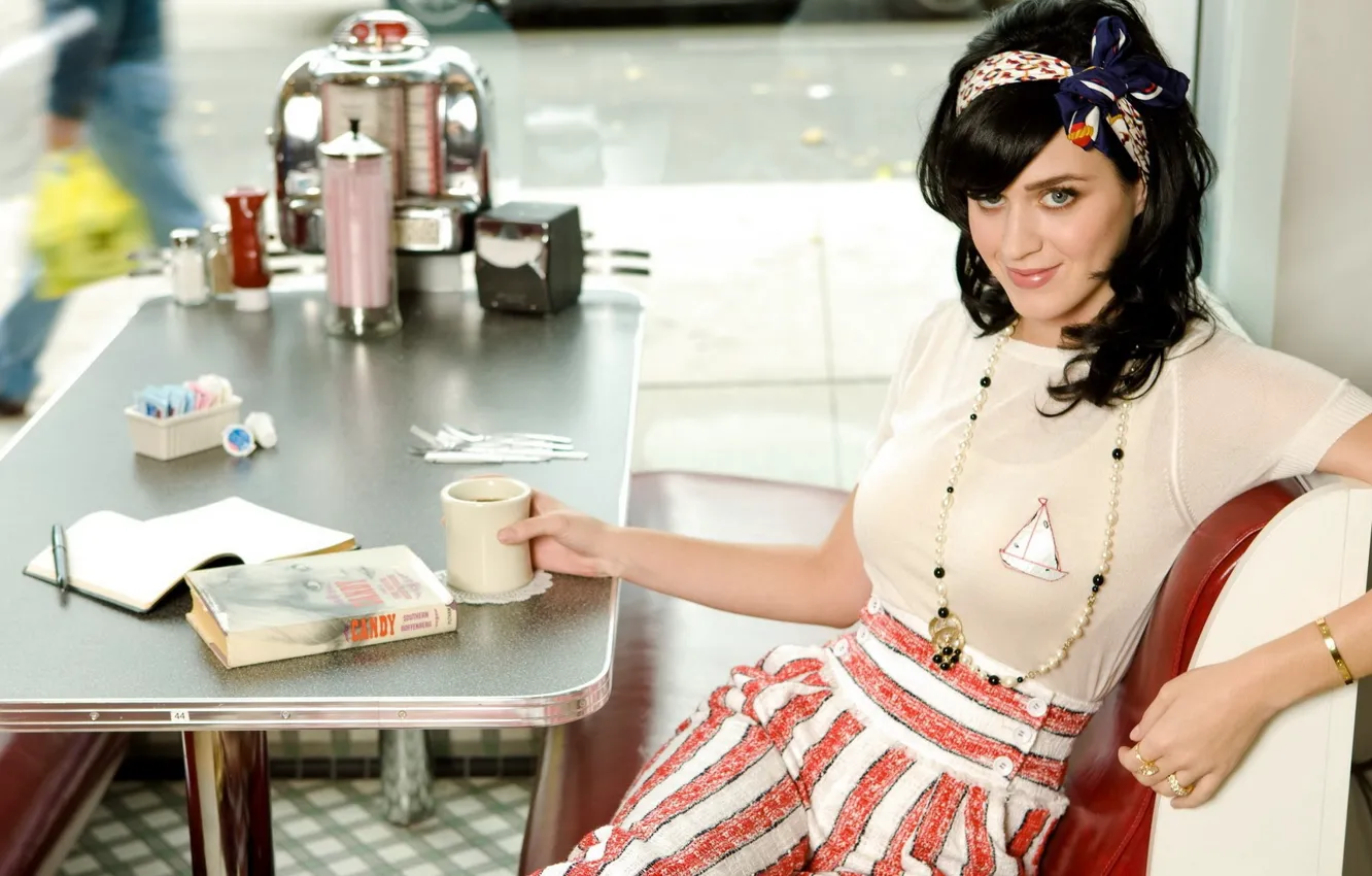 Photo wallpaper look, smile, cafe, Katy Perry, Katy Perry, singer, form, table