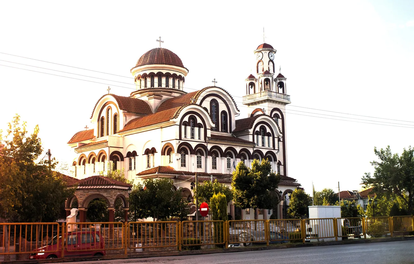Photo wallpaper trees, the city, transport, street, crosses, fence, temple