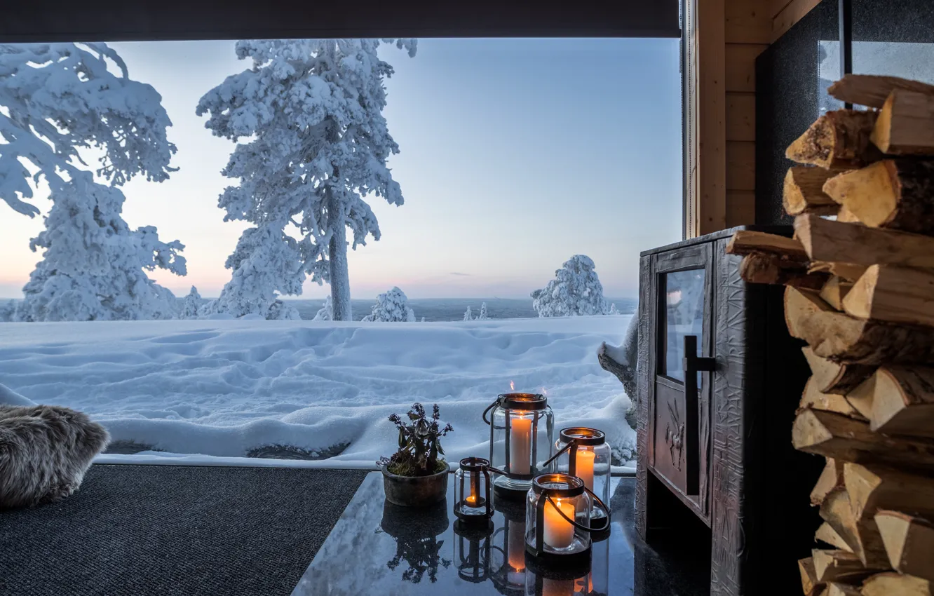 Photo wallpaper winter, snow, trees, candles, wood, comfort, comfort, Finland