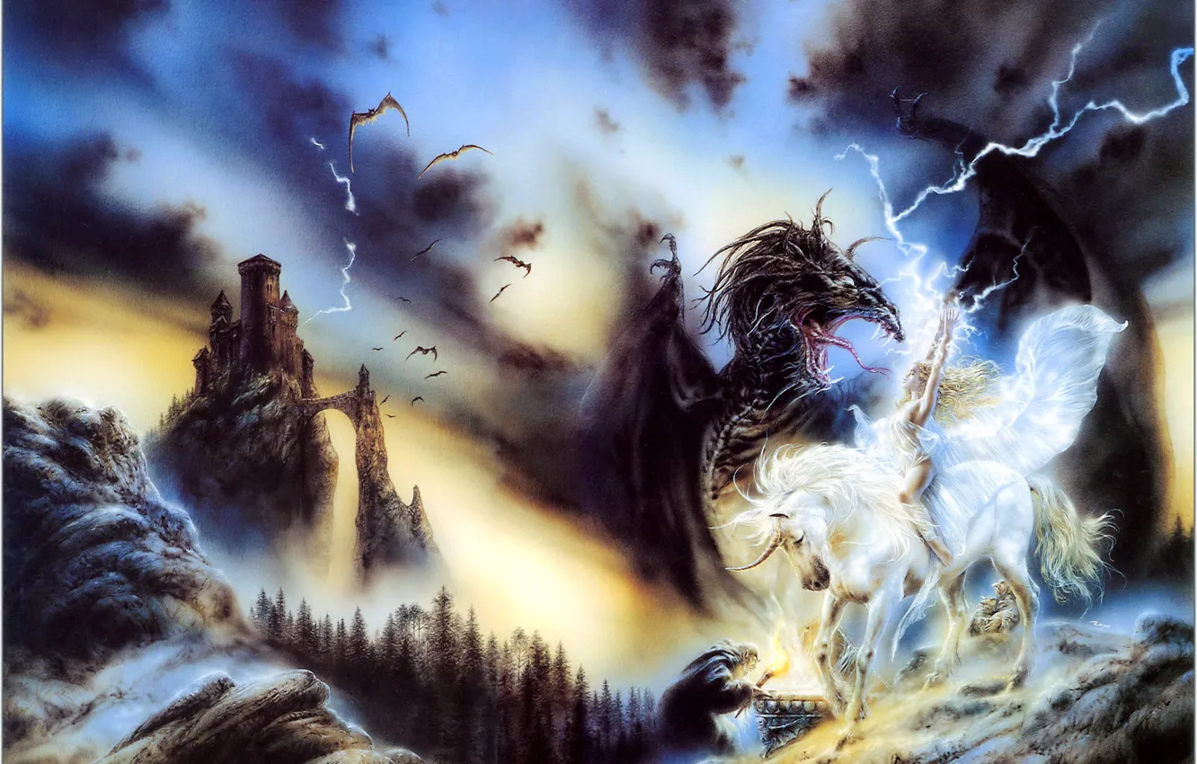 Photo wallpaper girl, castle, black, lightning, dragon, mouse, mouth, unicorn