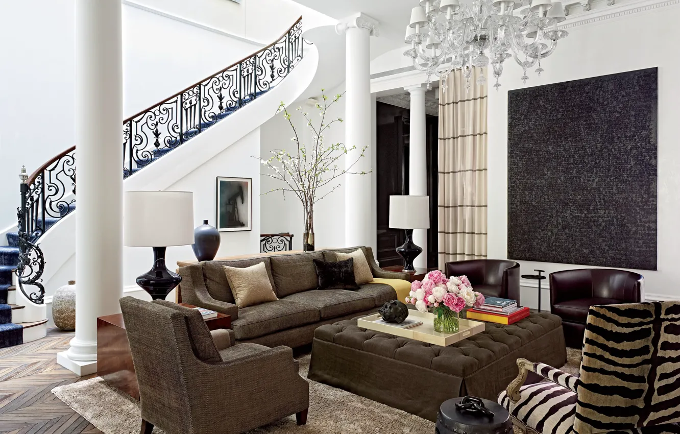 Photo wallpaper living room, villa, luxury, stairs, steps