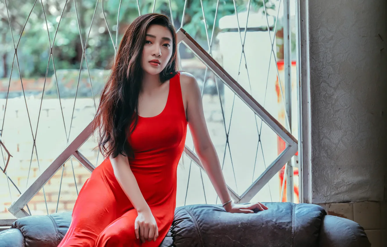 Photo wallpaper red, face, model, hair, dress