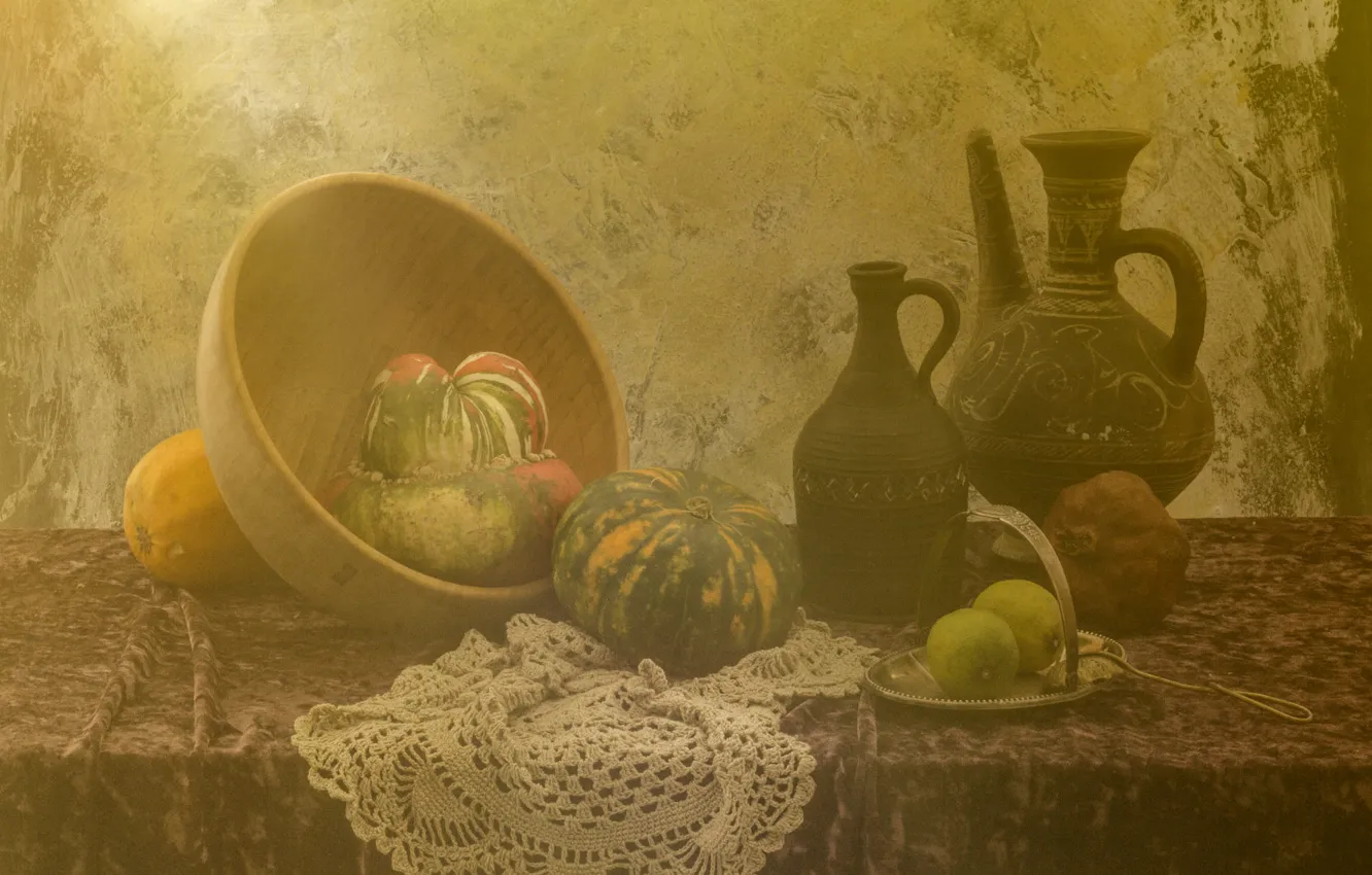 Photo wallpaper table, pumpkin, lime, bowl, pitcher, fruit, still life, napkin