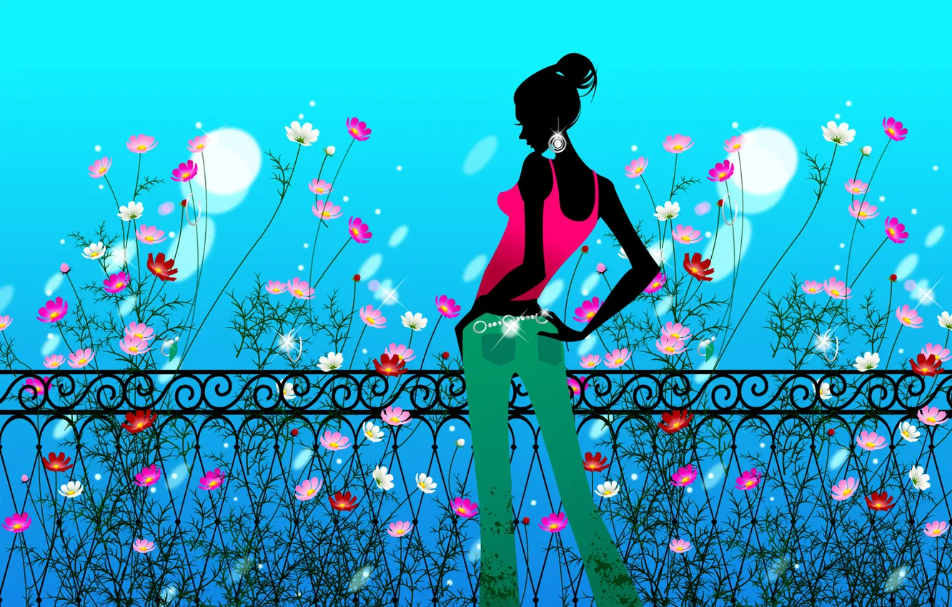 Photo wallpaper girl, flowers, figure, the fence, profile, kosmeya