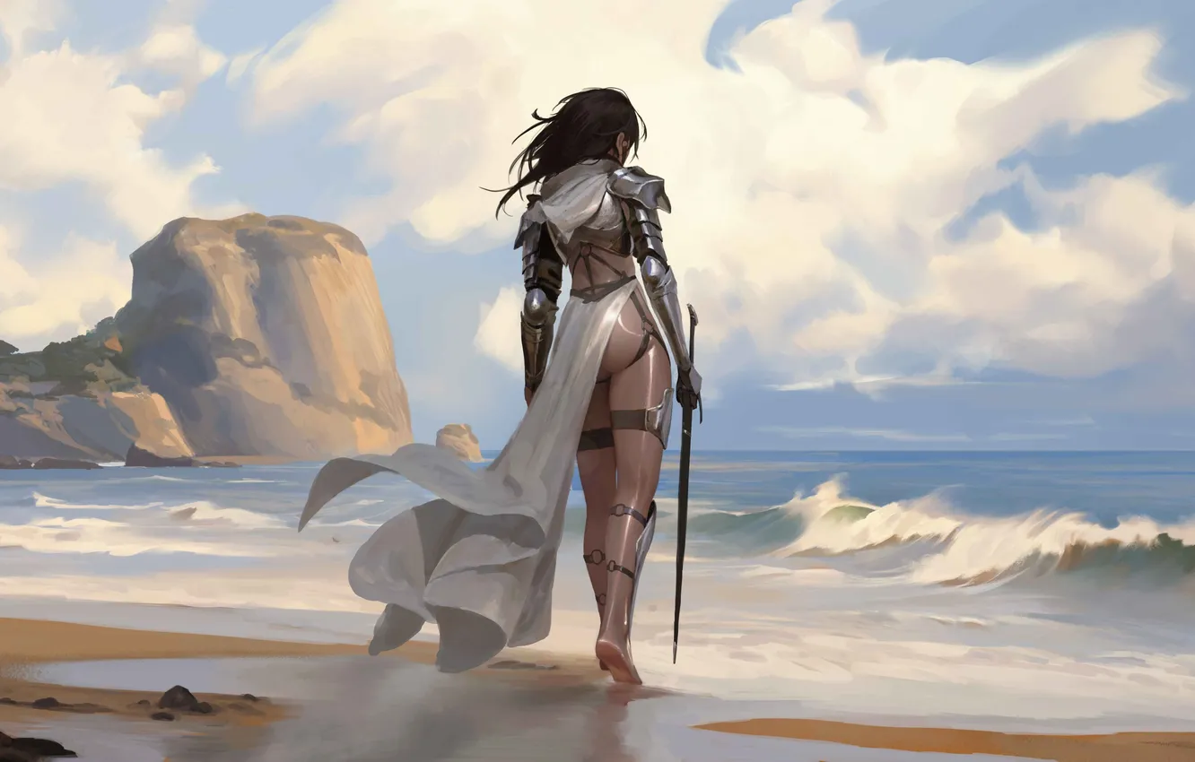 Photo wallpaper girl, sword, fantasy, beach, armor, sea, landscape, digital art