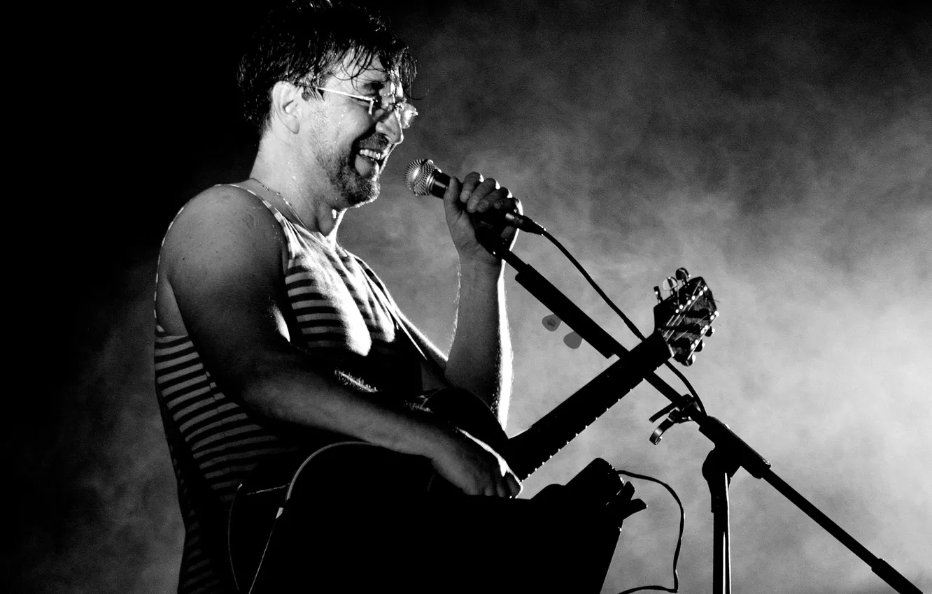 Photo wallpaper guitar, Mike, glasses, grey background, rock, black and white photo, Yuri Shevchuk, the man and …