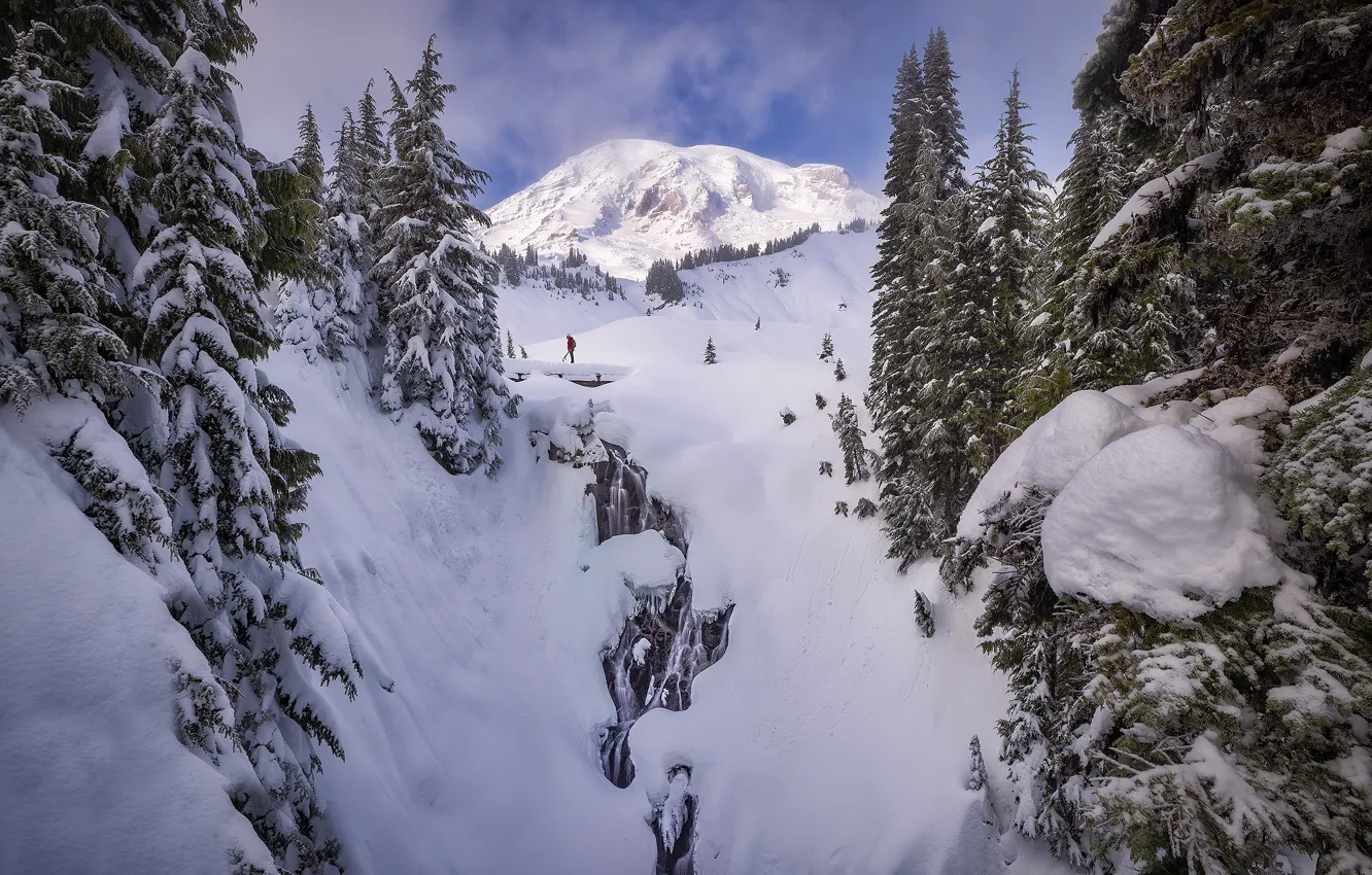 Photo wallpaper snow, Mount Rainier, winter, waterfall, mountains, trees, people, Myrtle Falls