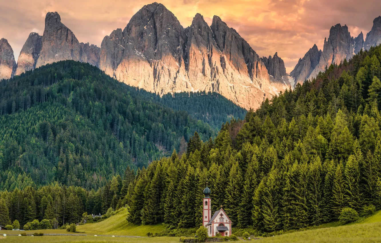 Photo wallpaper forest, light, mountains, tops, ate, slope, Alps, Church
