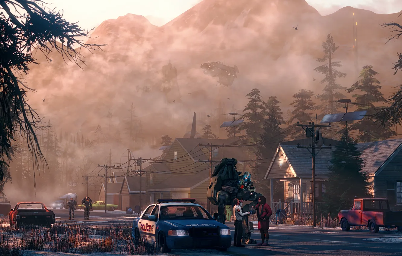 Photo wallpaper auto, the city, street, people, robot, home, police, morning