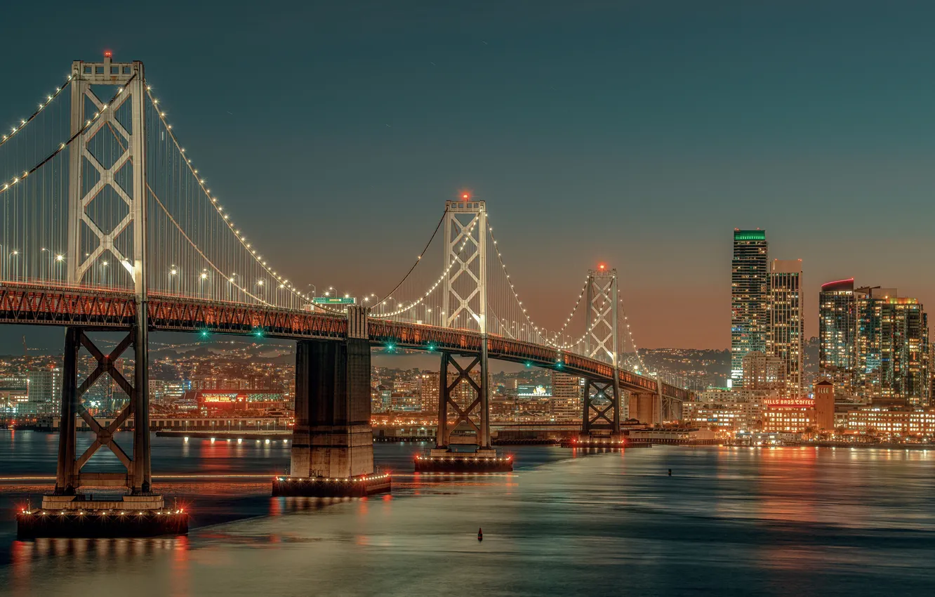 Photo wallpaper lights, USA, bridge, San Francisco, San Francisco Bay, skyscapers