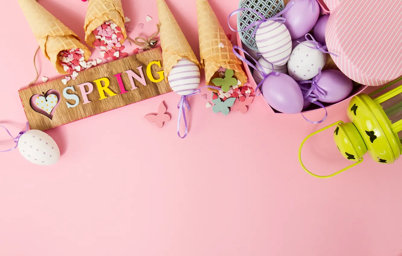 Photo wallpaper butterfly, background, pink, eggs, spring, Easter, horn, pink
