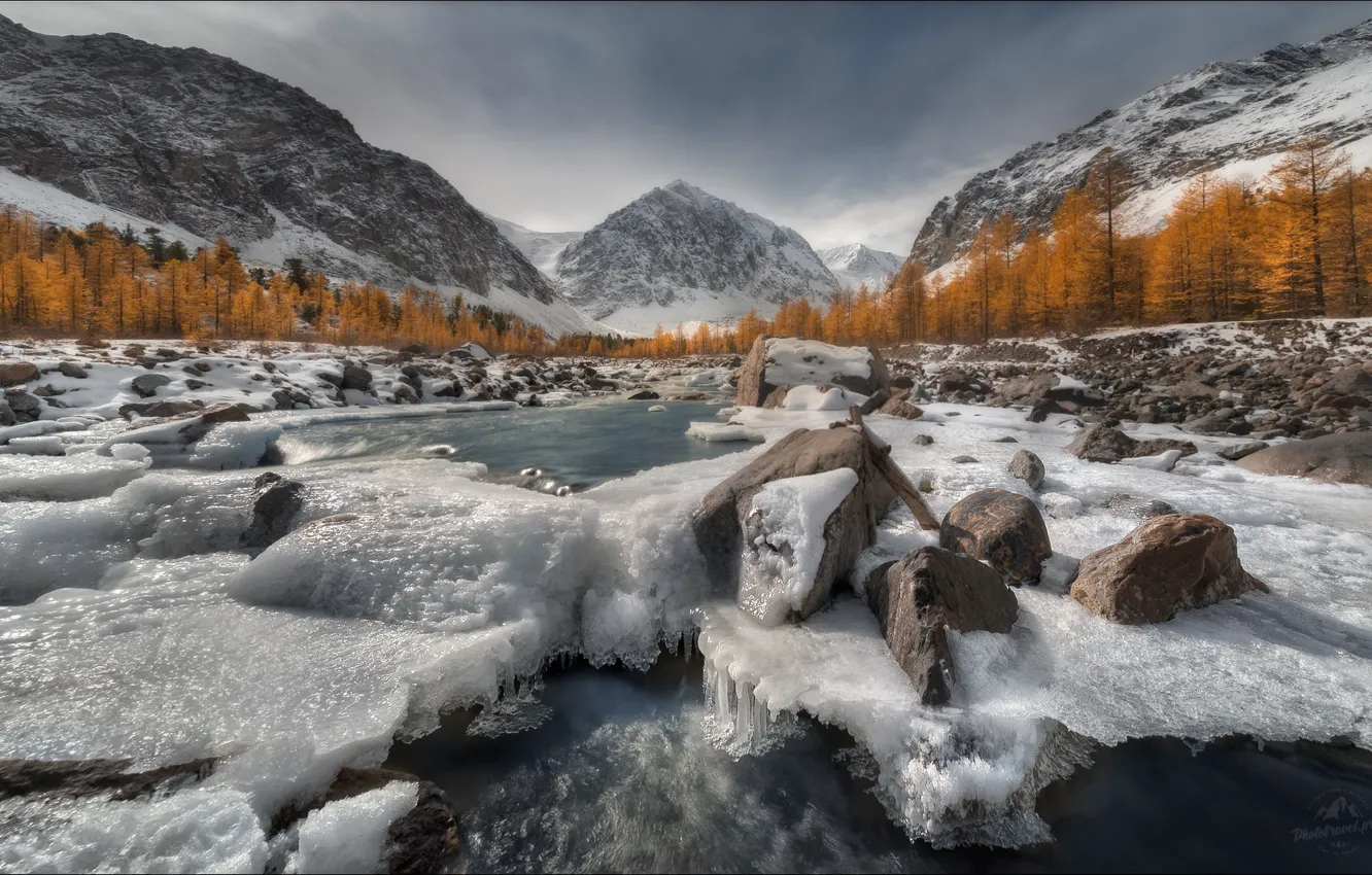 Photo wallpaper autumn, trees, mountains, river, stones, ice, Russia, Altay