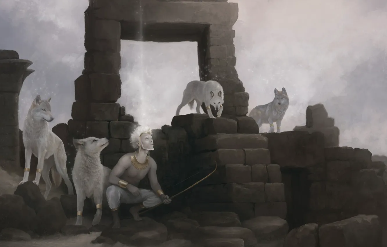 Photo wallpaper bow, wolves, ruins, albino