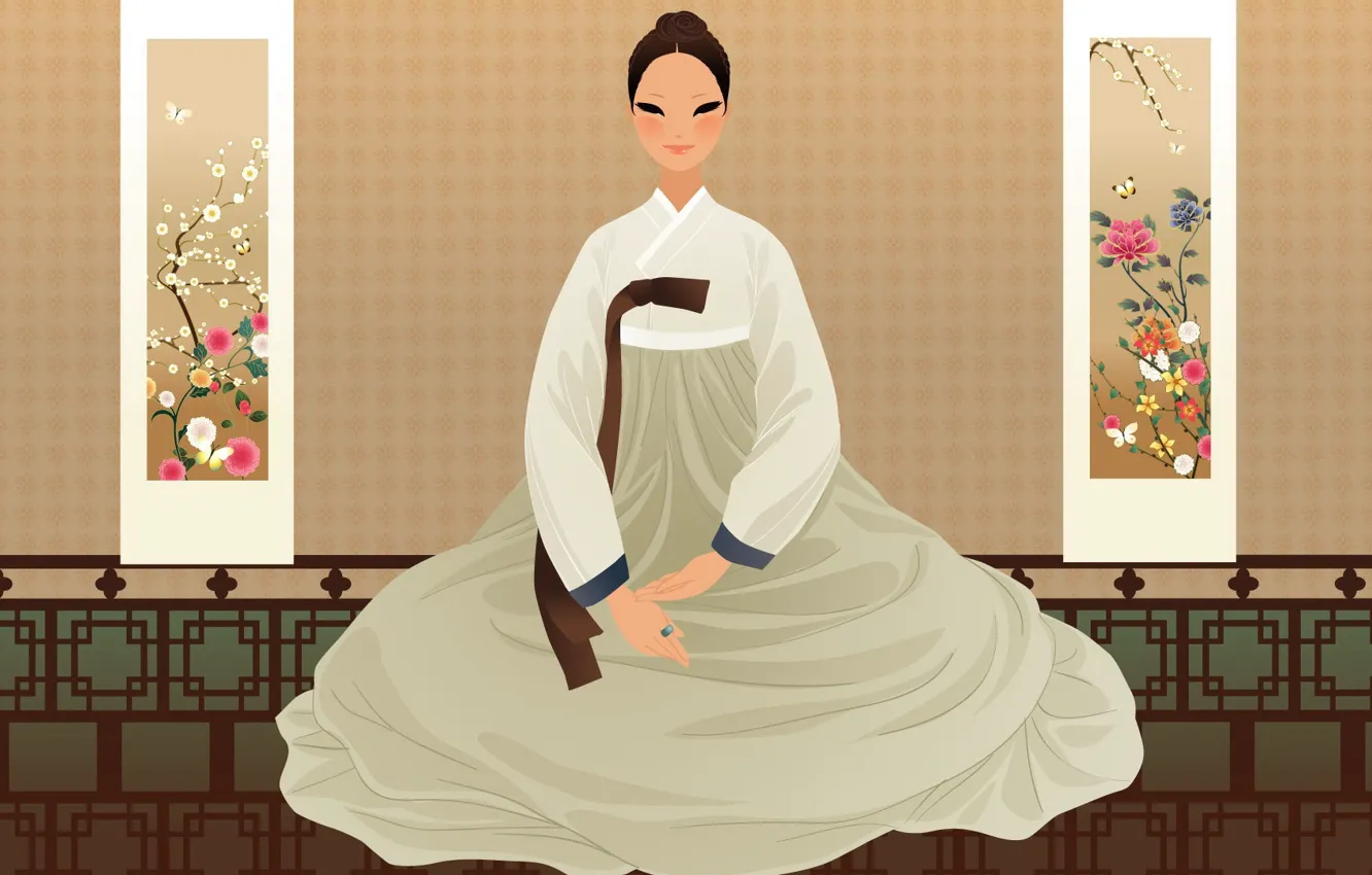 Photo wallpaper girl, flowers, art, Asian, hanbok