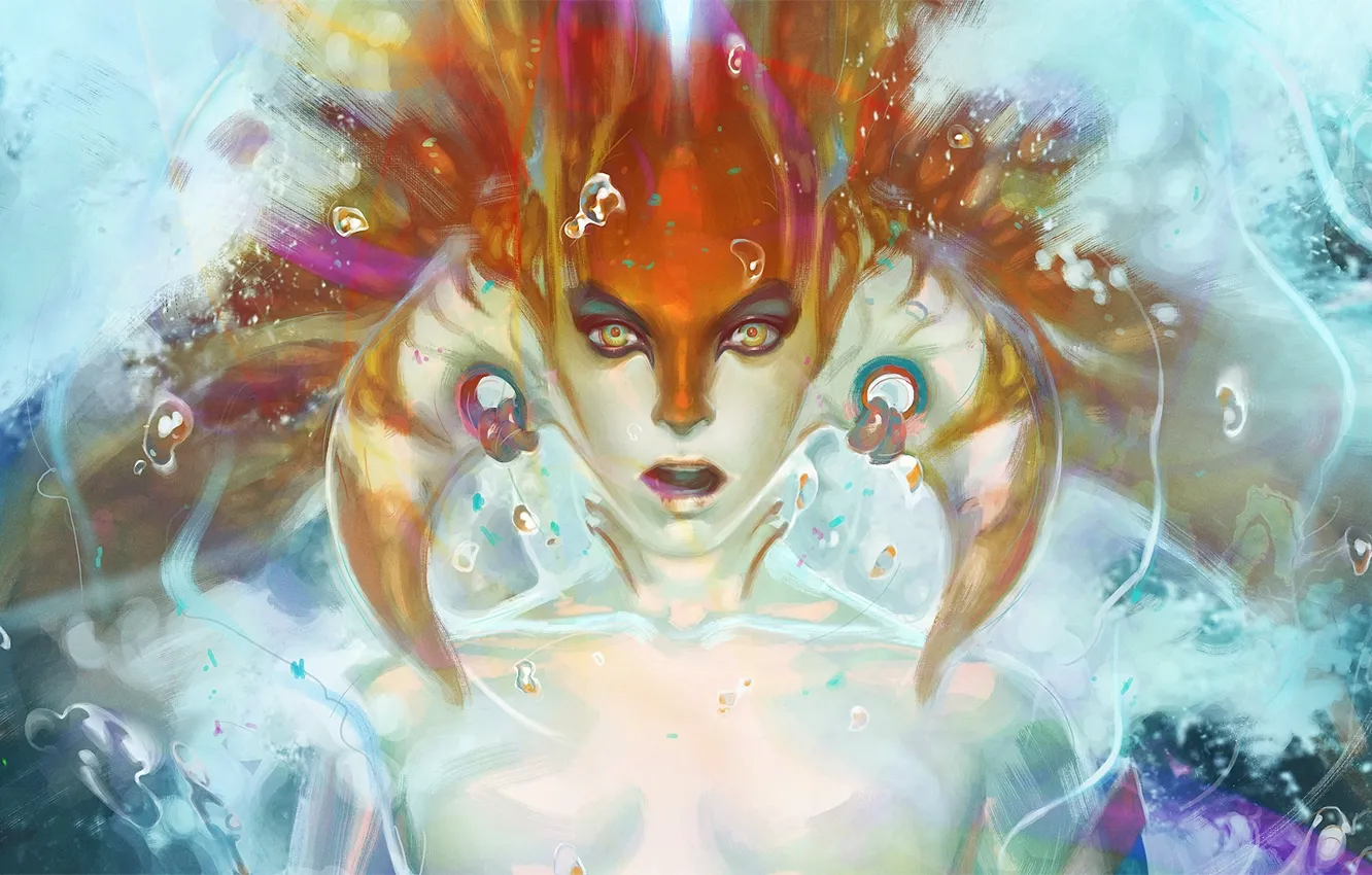 Photo wallpaper water, girl, bubbles, face, art, horns, dota 2, Naga