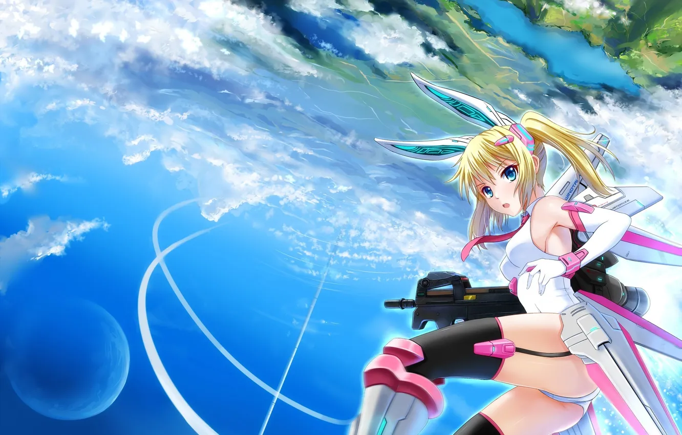 Photo wallpaper the sky, look, girl, flight, weapons, earth, costume, art