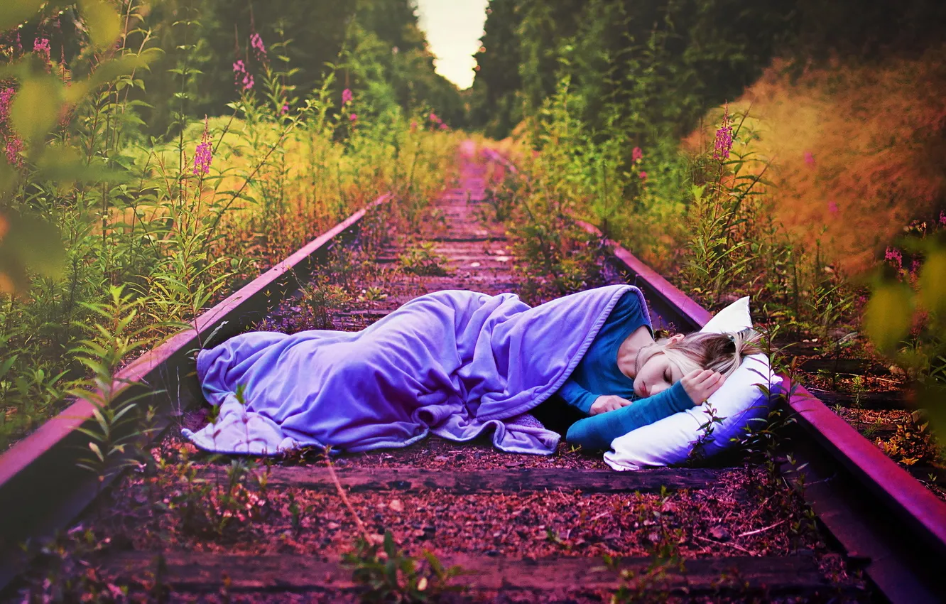 Photo wallpaper girl, background, railroad
