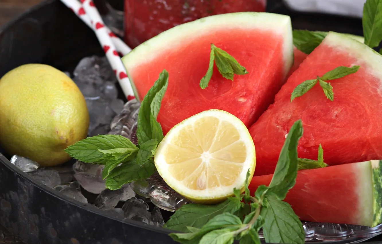 Photo wallpaper lemon, watermelon, fruit, mint