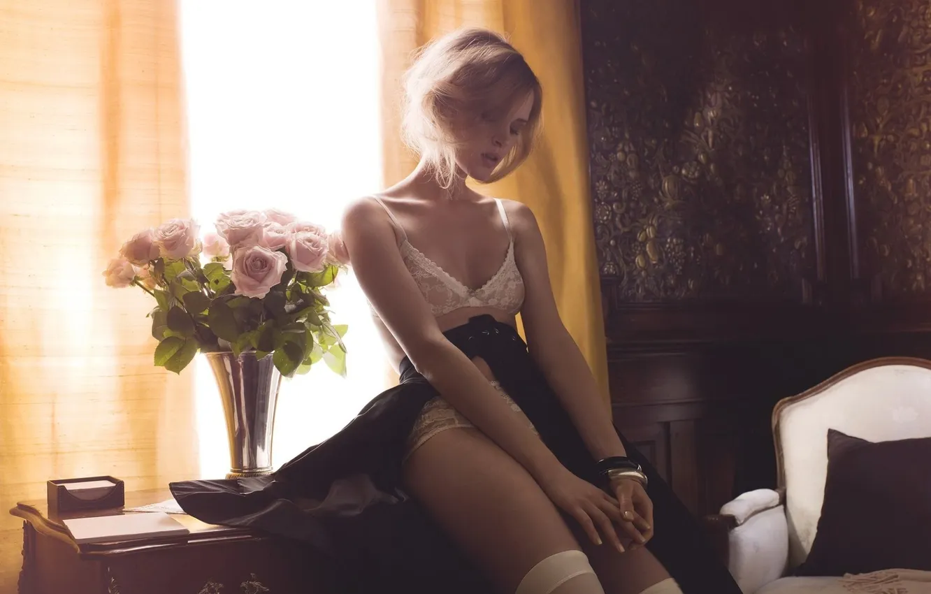 Photo wallpaper chest, girl, flowers, face, sexy, table, model, window