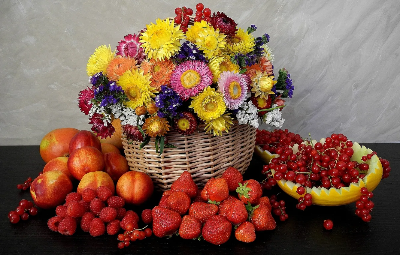 Photo wallpaper flowers, berries, raspberry, strawberry, fruit, still life, basket, melon